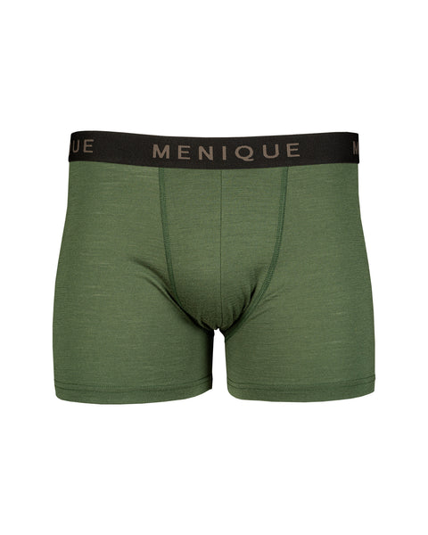 the menique men's short boxer underwear with logo waistband, color dark green, white background.
