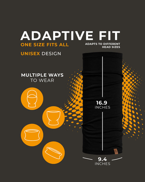 Black headband with text and icons on a dark background