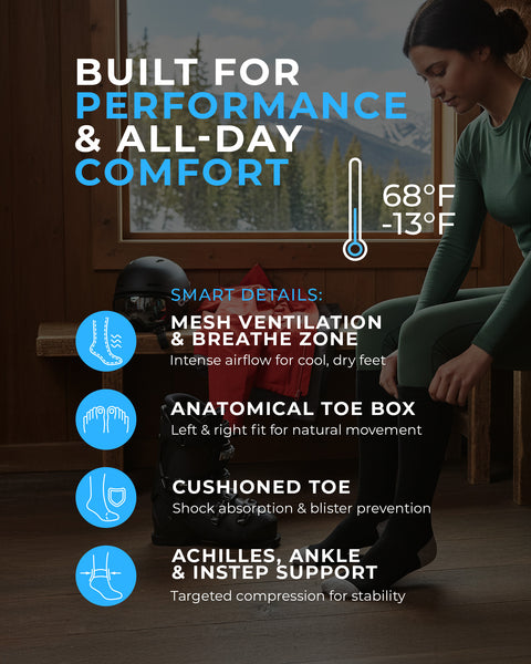 Person sitting on a bench with text about shoe features and comfort, set against a mountainous background.