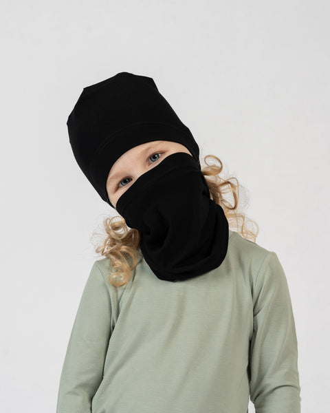Kids bamboo beanie and neck gaiter set in black, warm and breathable layering accessories.