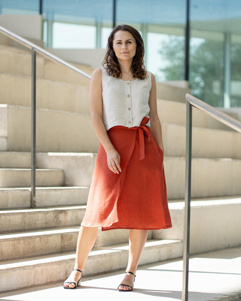 Midi Linen Wrap Skirt Beverly Cinnamon Red