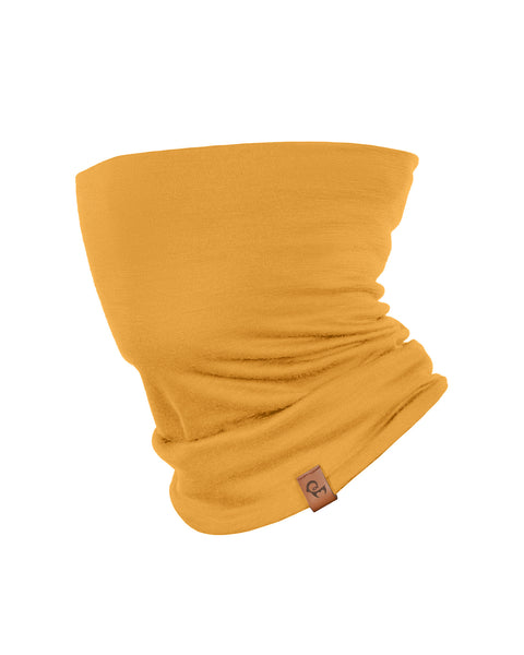 Yellow merino wool neck gaiter, lightweight breathable wool accessory for running, hiking, cycling, and everyday comfort.