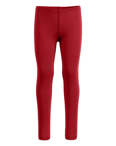 The menique kids' 160gsm merino pants in royal cherry color, front view.