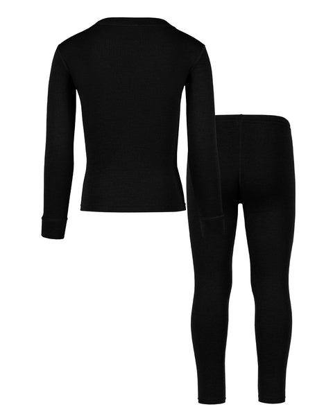 Back view of the kids' menique merino 250gsm two piece set of long sleeve top and pants, in black color, white background.