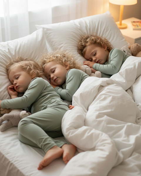 Three young children wearing matching light green pajamas sleep peacefully side by side in a white bed, each holding a stuffed animal, with warm lamplight illuminating the room.