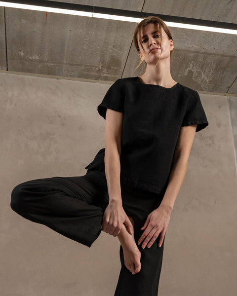 Linen Short Sleeve Top Emma Pure Black