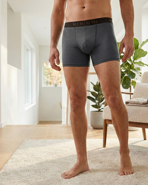 A man standing barefoot in a bright, modern living room wearing dark gray boxer briefs with a “MENIQUE” waistband. His upper body is out of frame. The room has wooden floors, a light rug, a chair with a blanket, and a large potted plant near a window.