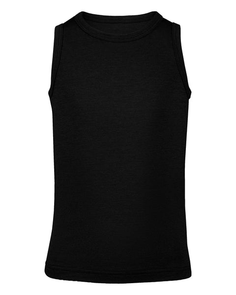 A product shot of a plain black children's sleeveless tank top laid flat against a plain white background.