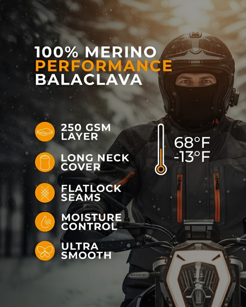 100% merino wool performance balaclava with 250 gsm layer protection, long neck cover and moisture control for extreme cold weather riding
