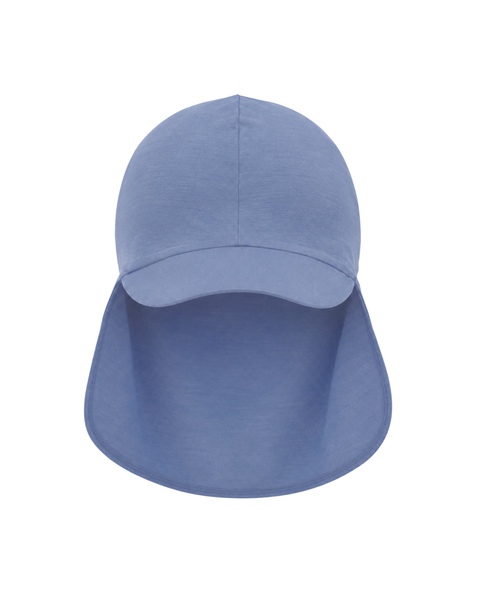 A dusty blue soft fabric sun cap featuring a curved front brim and a long back flap to protect the neck from the sun, displayed against a white background.