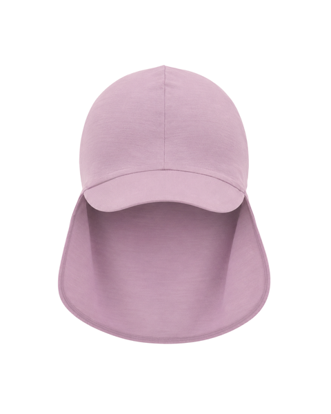 A dusty pink soft fabric sun cap featuring a curved front brim and a long back flap to protect the neck from the sun, displayed against a white background.