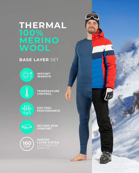 Man wearing a blue 100% merino wool thermal base layer set shown indoors and outdoors, emphasizing breathable warmth, dry-feel performance, and second-skin comfort.