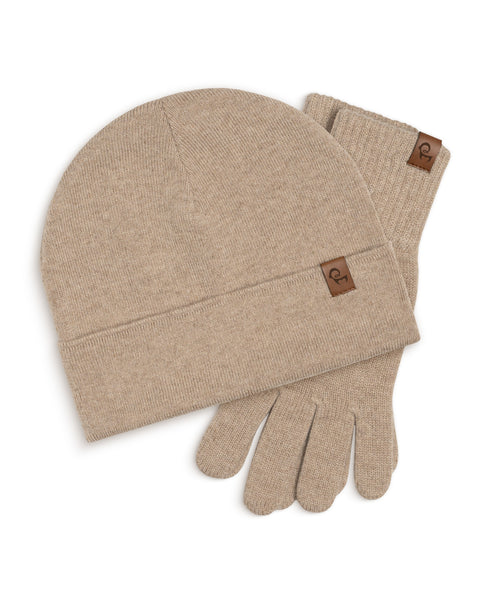 Creamy Beige knit beanie and gloves set on a white background