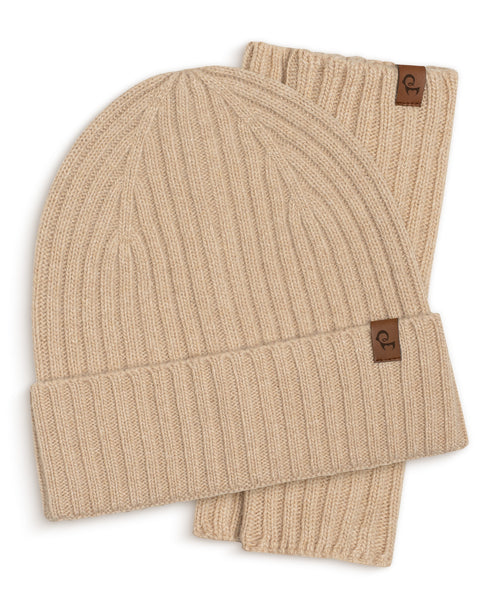 Fashionable creamy beige wool cashmere wrist warmers and beanie set for women – cozy ribbed knit