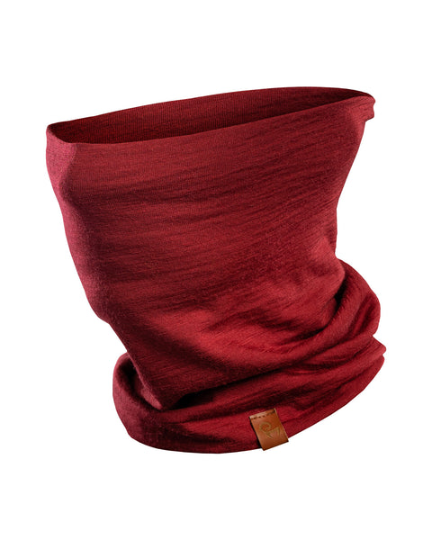 menique unisex neck gaiter in royal cherry color, in a white background.