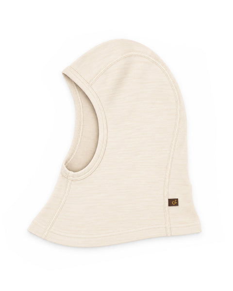 A cream-colored slub-knit balaclava hood with a small brown brand tag on the lower right edge, shown against a plain white background.