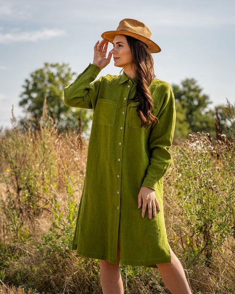 Linen Oversize Shirt Dress Margo Forest Green
