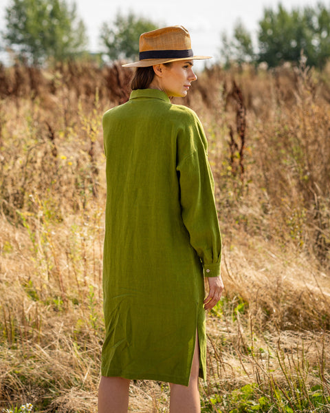 Linen Oversize Shirt Dress Margo Forest Green