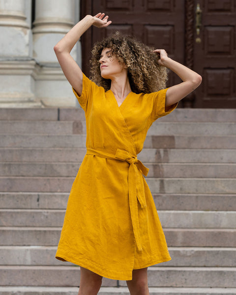 Linen Wrap Dress Eliana Spicy Yellow
