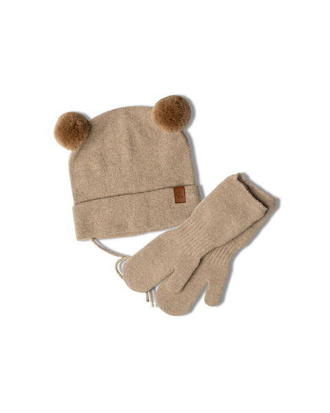 Knitted Baby Beanie & Mitten's 2-Piece Set Creamy beige