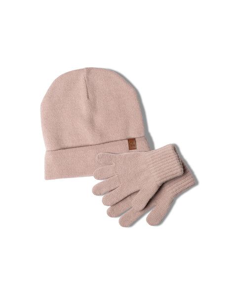 Kids Knitted Beanie & Gloves 2-Piece Set Dusty Pink