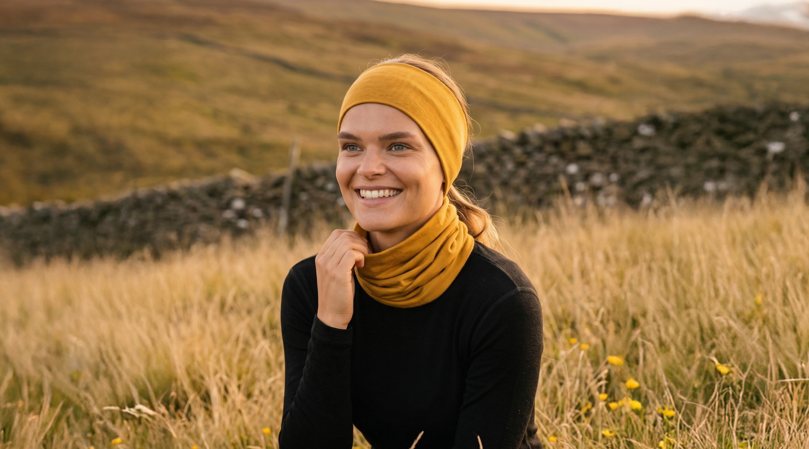 Woman outdoors wearing merino wool gaiter and beanie in a green color.