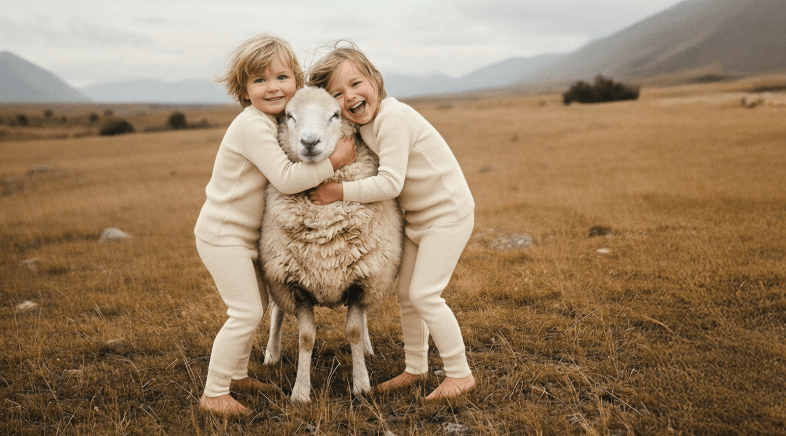 Three little girls sitting on the stair and wearing Merino wool clothing sets