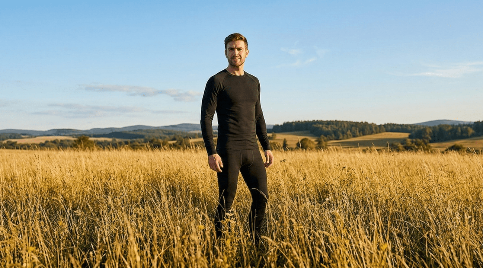 In the photo you can see the bottom part of man's body. He is wearing a blue top and boxer shorts made from natural 100% Merino wool.
