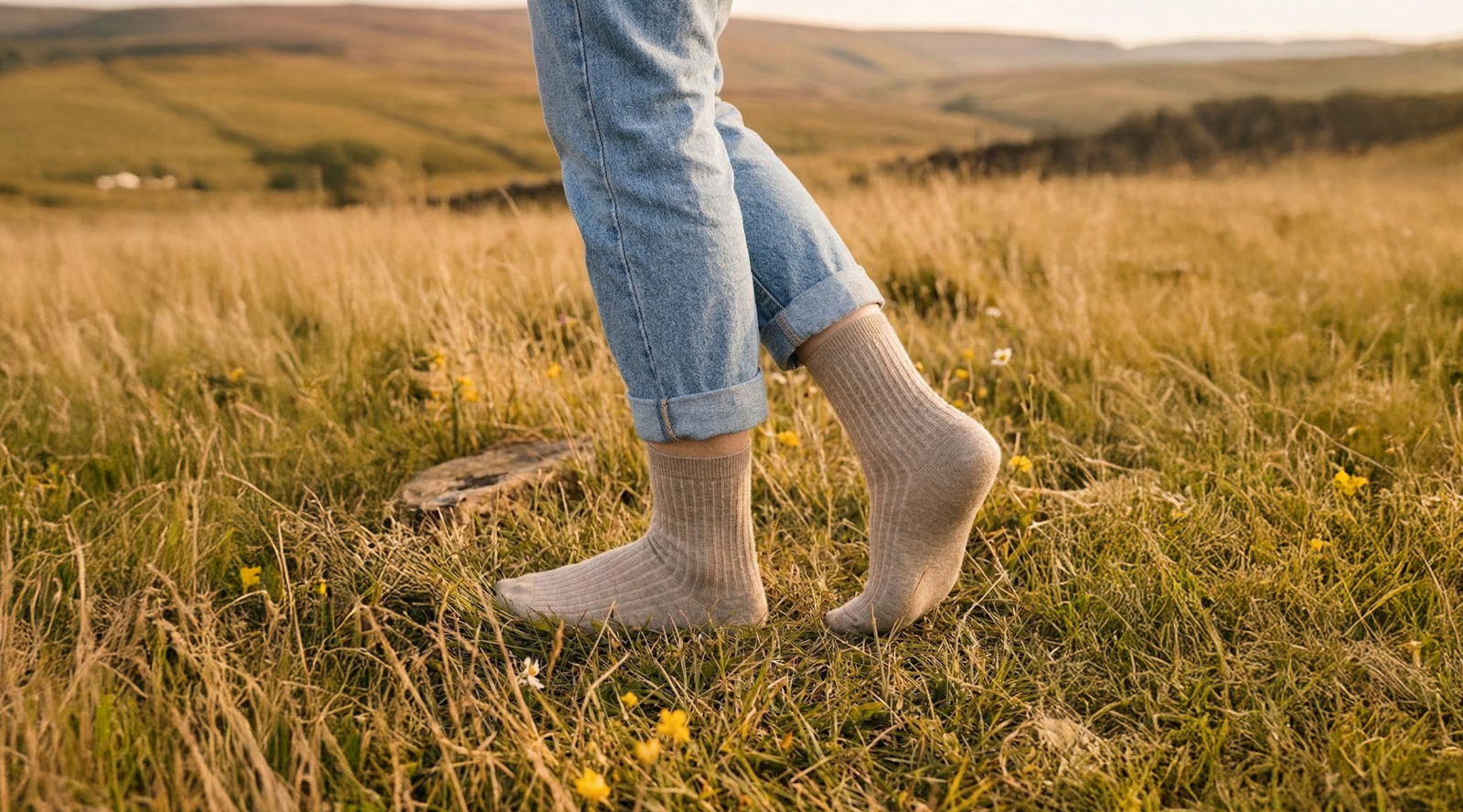 Woman with knitted merino wool socks in creamy beige color.