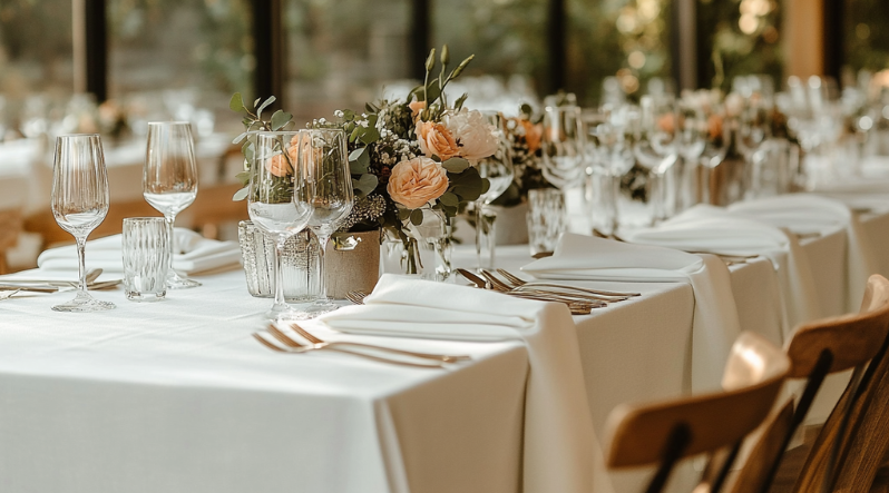 A wedding table with a white linen tablecloth and white linen napkins. THere are glassess and flower centerpieces in the middle of the table. 