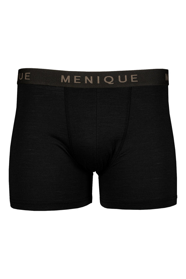 the menique men's short boxer underwear with logo waistband, color black, white background.