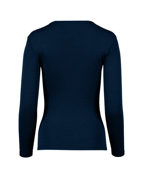 The menique women&#39;s long sleeve 250gsm merino top in dark blue color, back view.