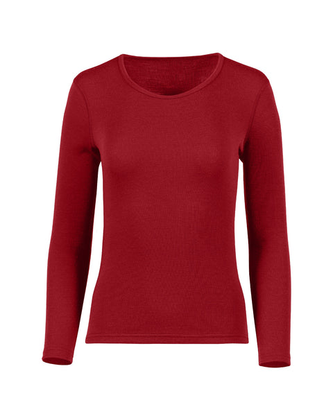 The menique women&#39;s long sleeve 250gsm merino top in royal cherry color, front view.