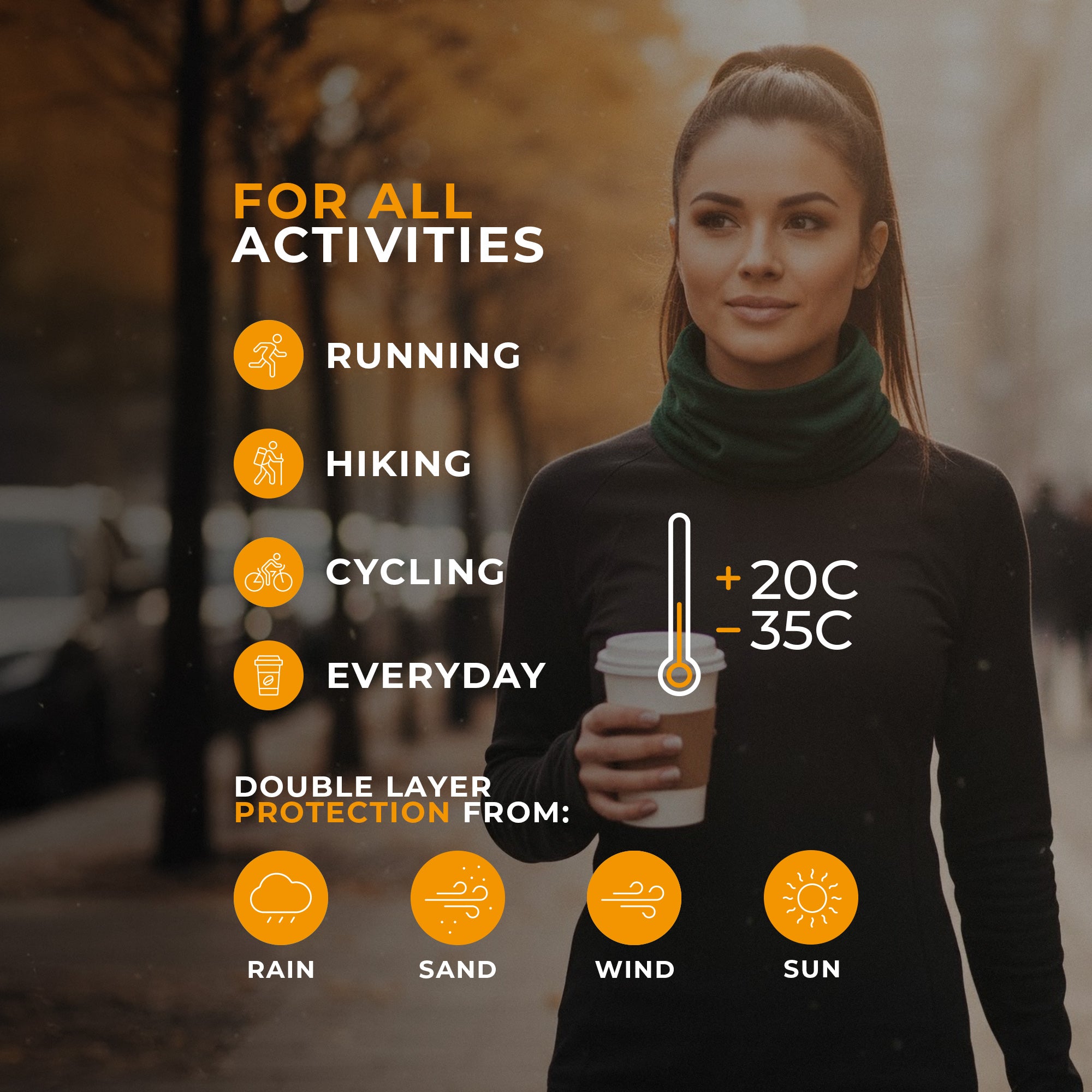 Yellow Merino wool neck gaiter pulled up over mouth and nose, woman in black top.