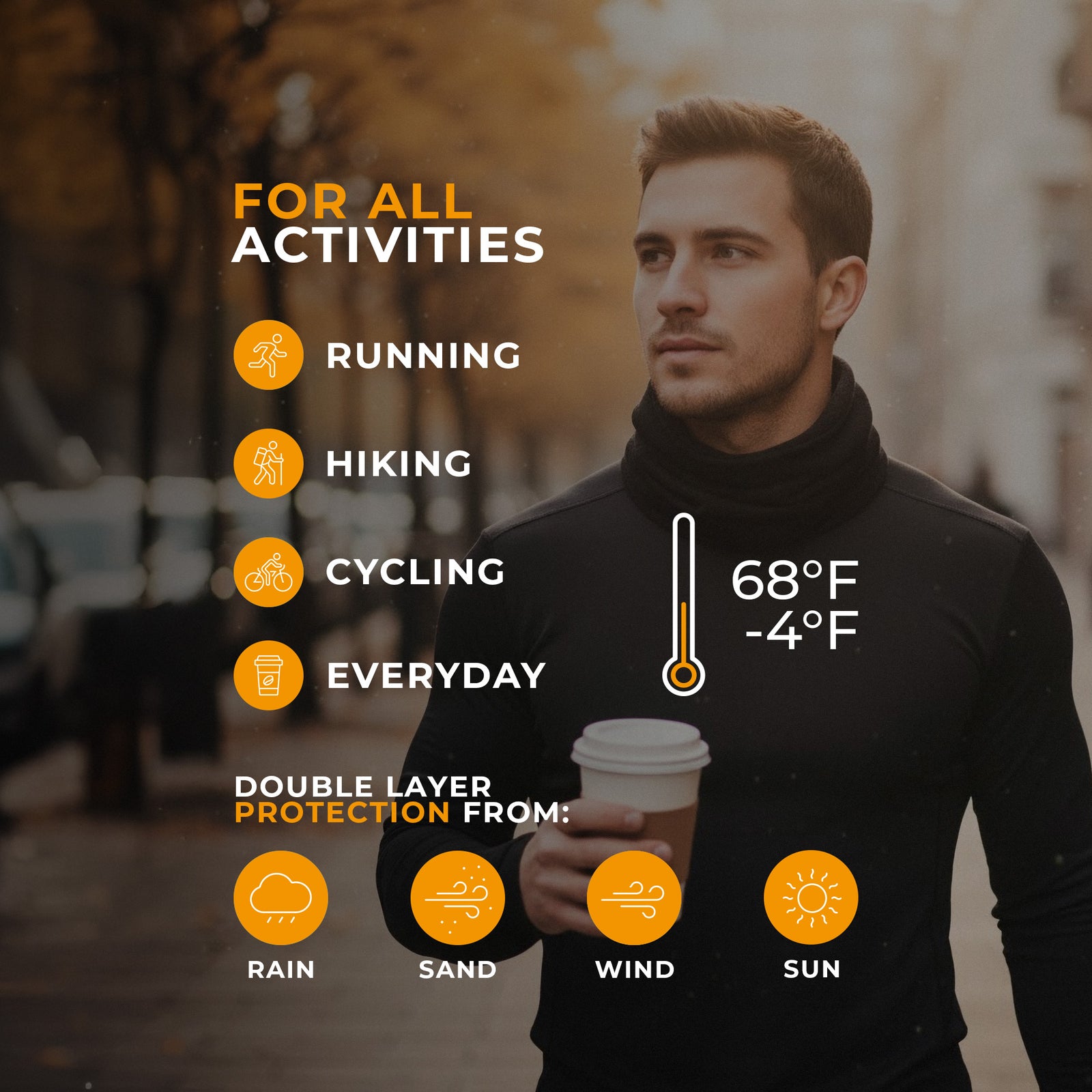 Man hiking with a large backpack, dressed in a gray jacket and blue shirt, wearing a royal cherry red Merino wool neck gaiter covering his face.