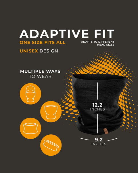 Black headband with orange text and graphics on a dark background