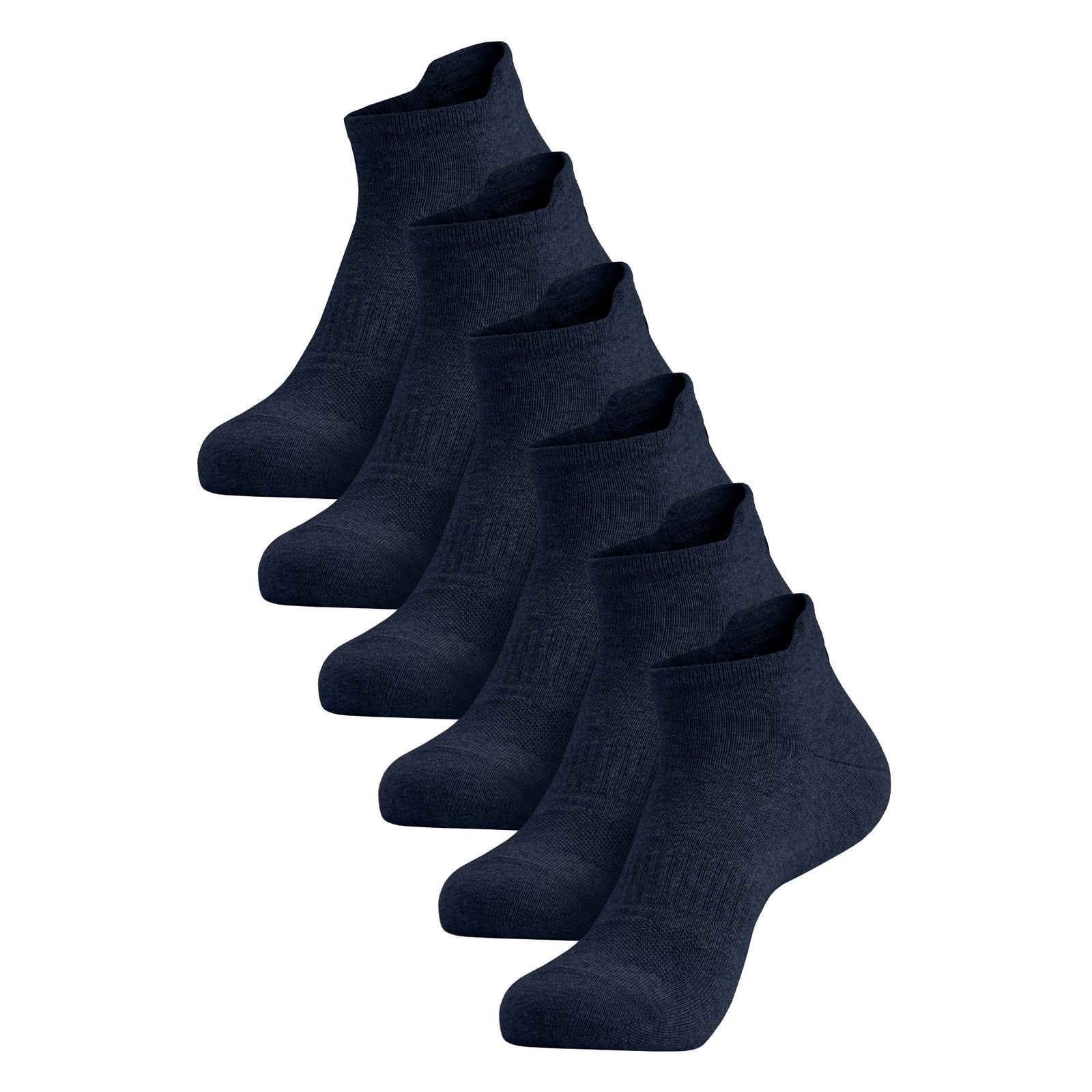 A six-pack of dark pink adult ankle socks arranged in a diagonal row against a white background.