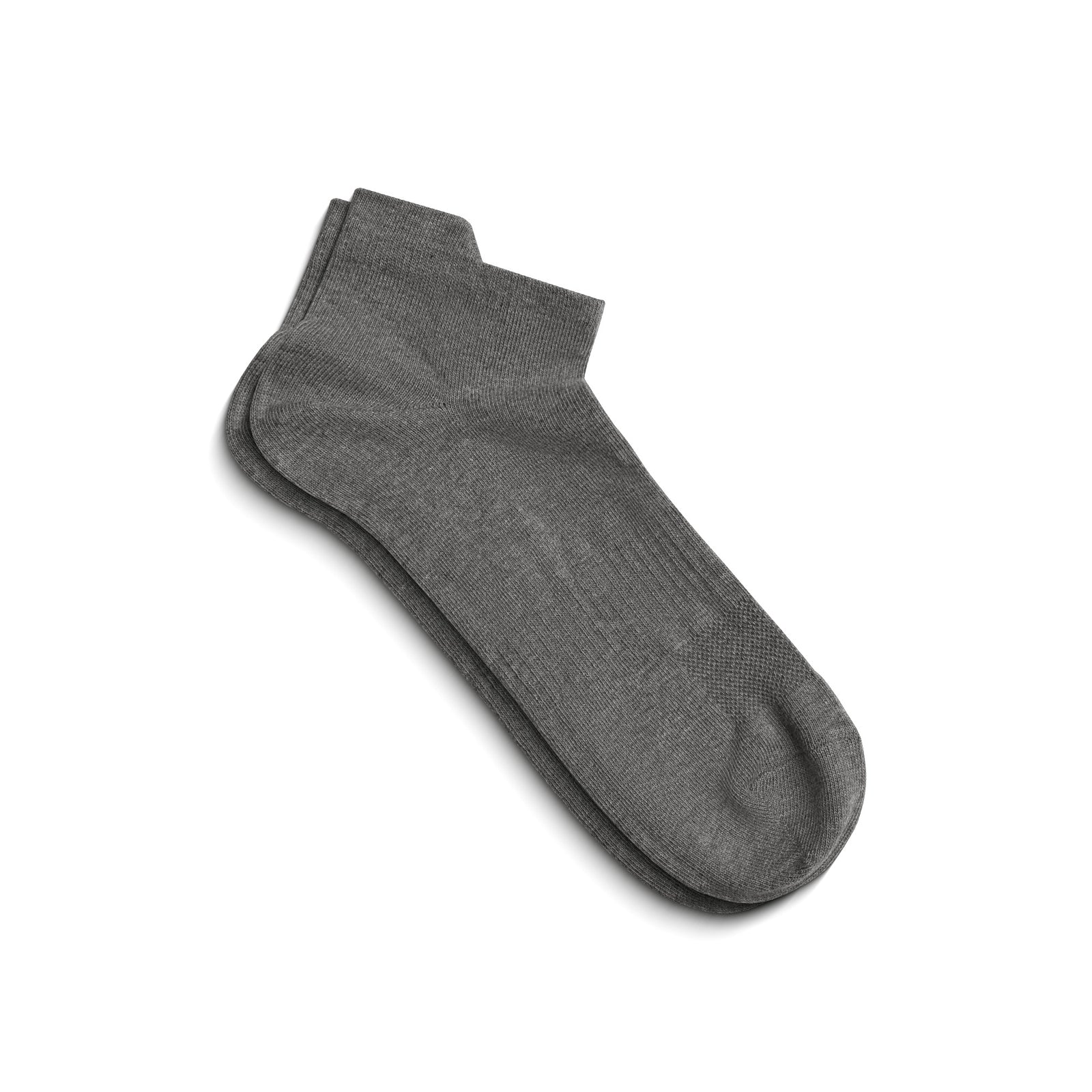 A six-pack of gray adult ankle socks arranged in a diagonal row against a white background.