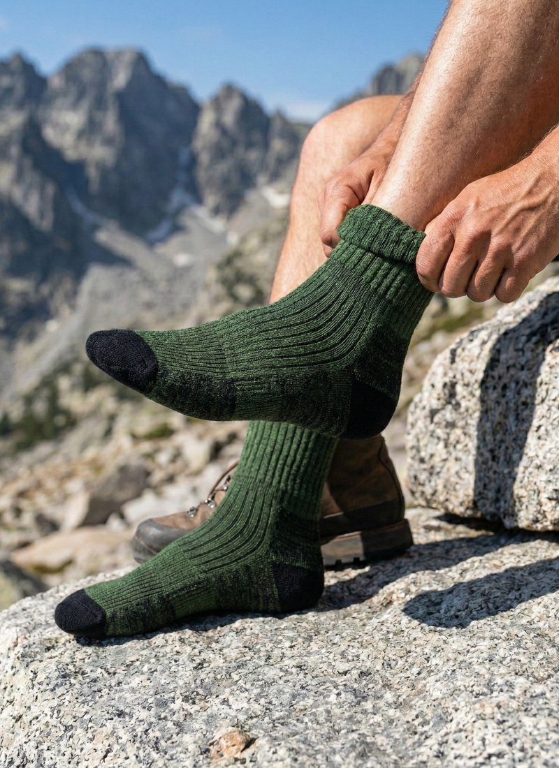 Man wearing dark green merino wool hiking socks with reinforced heel and toe in mountain landscape, breathable temperature-regulating outdoor socks for trekking and hiking
