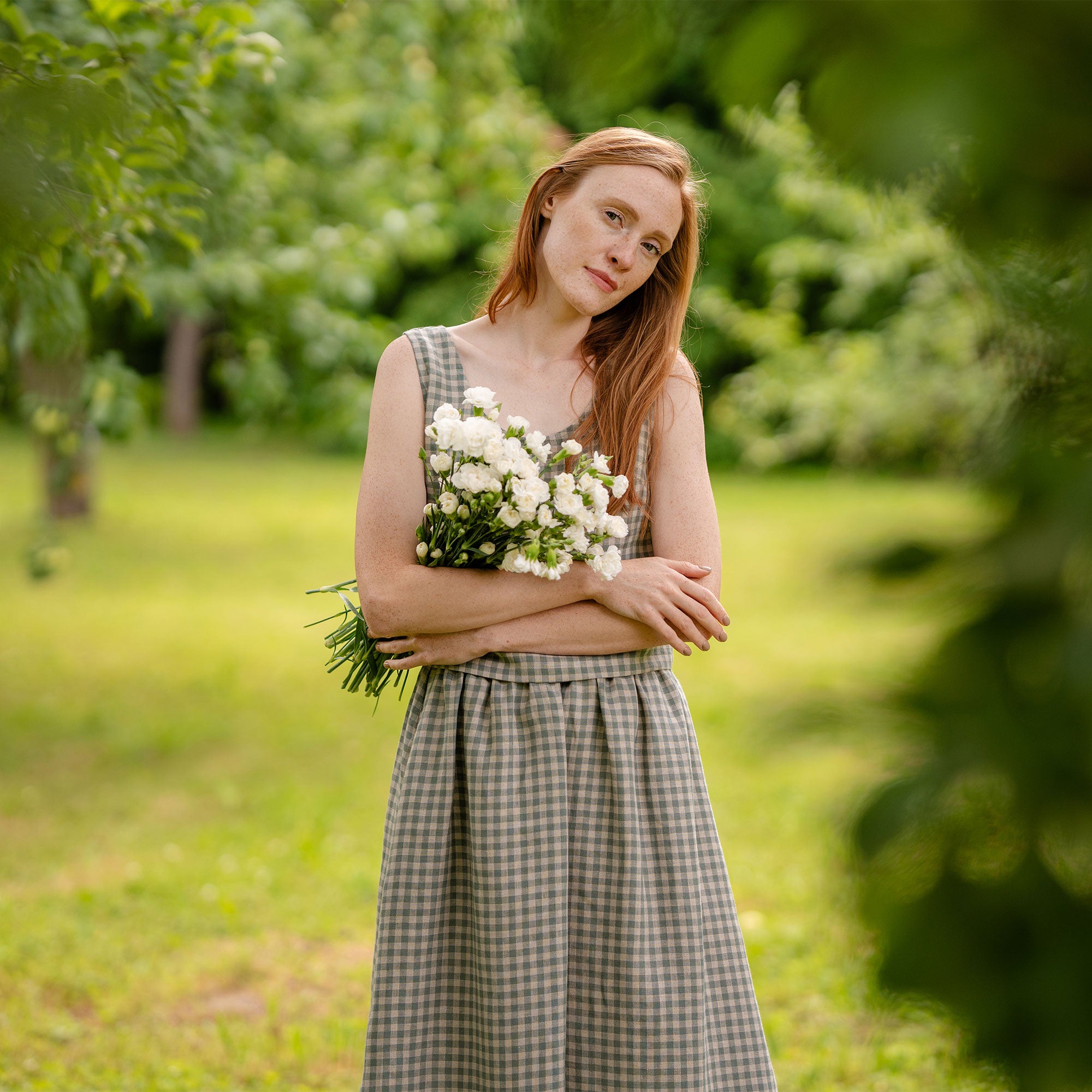 Linen Green Gingham Midi Skirt Sophia menique