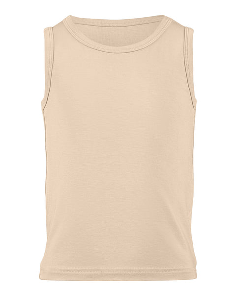 A product shot of a plain beige children's sleeveless tank top laid flat against a plain white background.