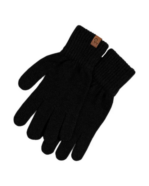 A pair of menique brand black knit gloves with ribbed cuffs. A small, rectangular tan leather tag with the &quot;menique&quot; logo is visible on the cuff of the left glove. The gloves are laid flat against a white background.