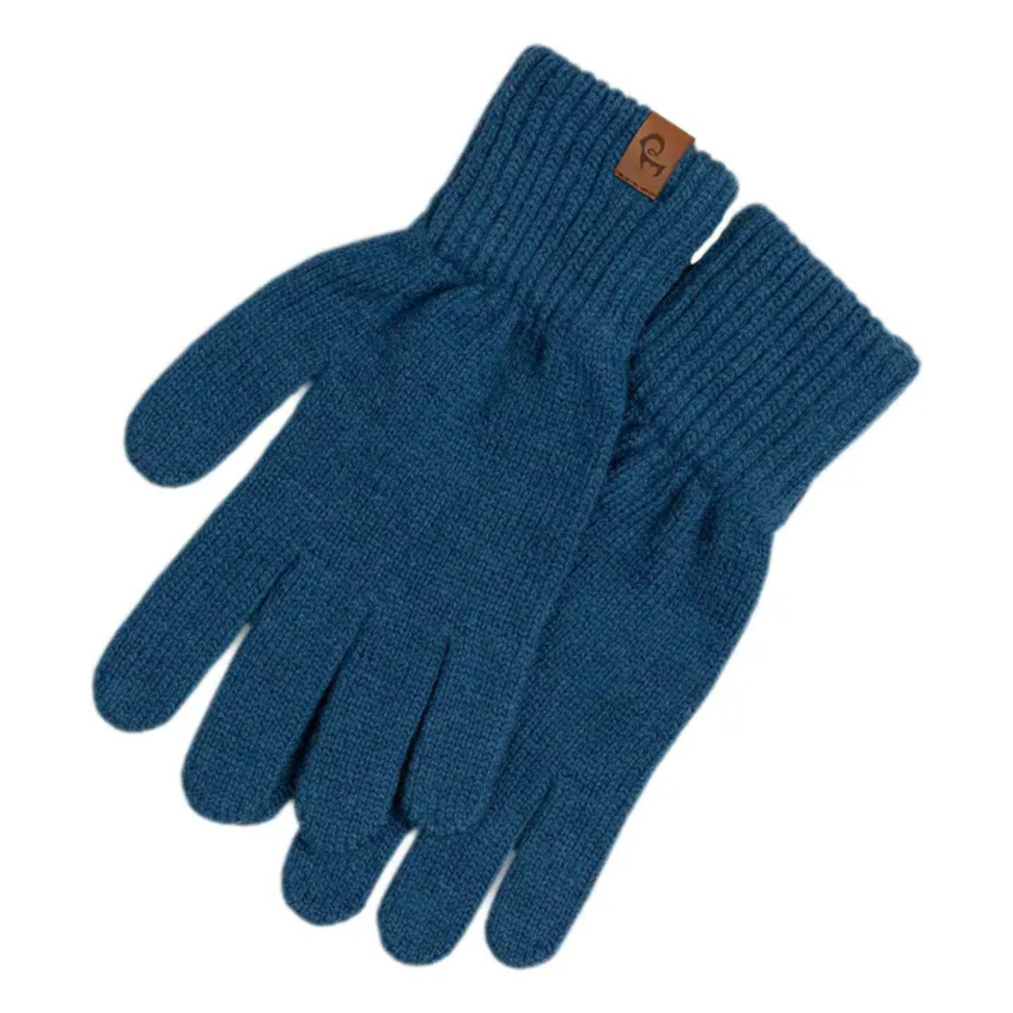 A pair of menique brand black knit gloves with ribbed cuffs. A small, rectangular tan leather tag with the "menique" logo is visible on the cuff of the left glove. The gloves are laid flat against a white background.