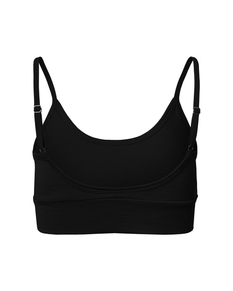 Back view of black Merino wool bralette with adjustable straps and seamless design.
