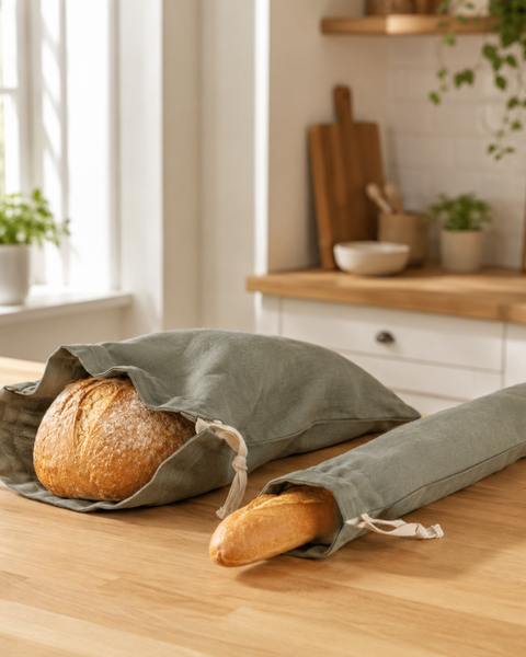 Two olive green linen bread bags resting on a wooden kitchen counter near a bright window. A medium-sized bag holds a round loaf of bread, and a longer, slender bag beside it holds a crusty baguette.