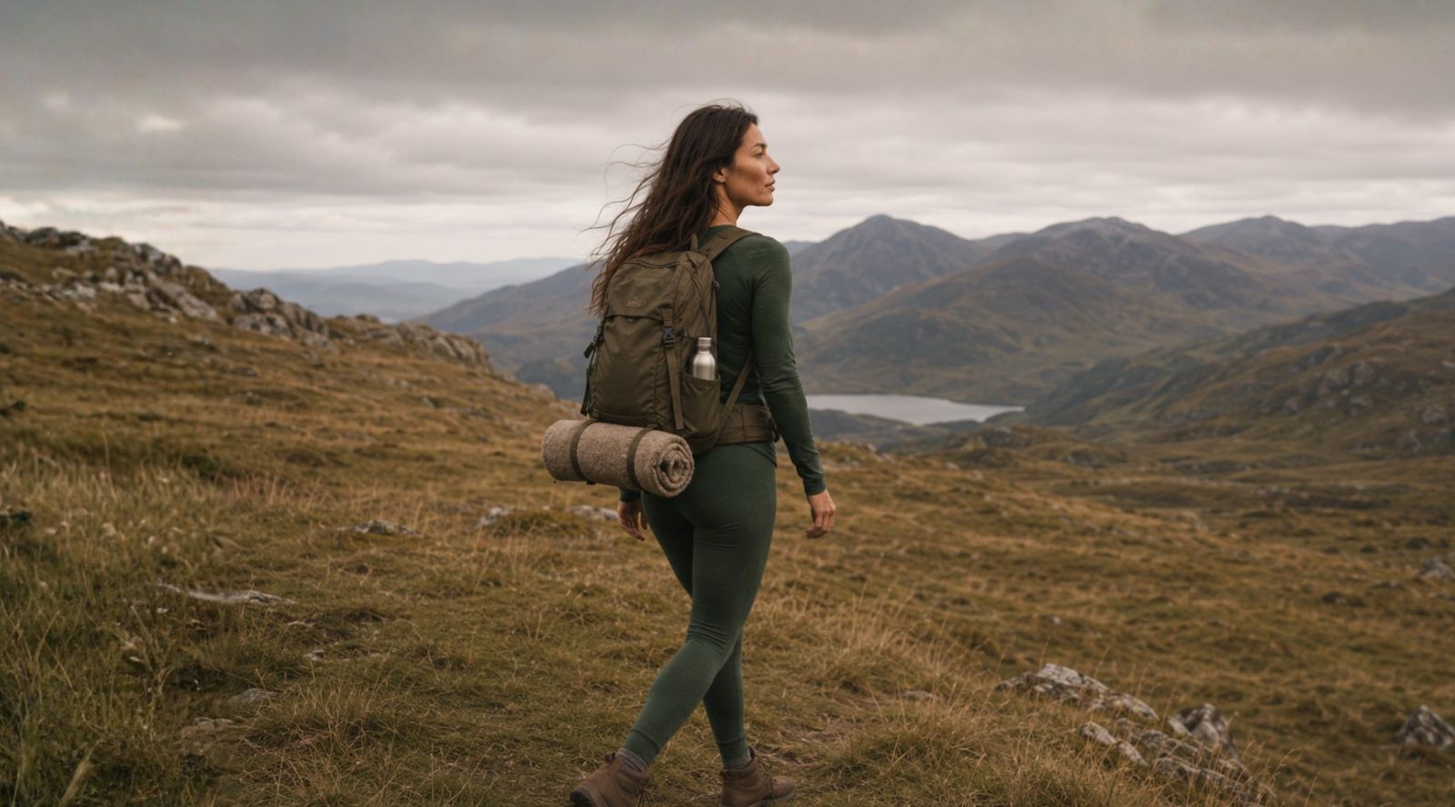 A person wearing dark green activewear hiking away from the camera in a rugged, hilly landscape, carrying a rolled blanket or mat on their lower back.