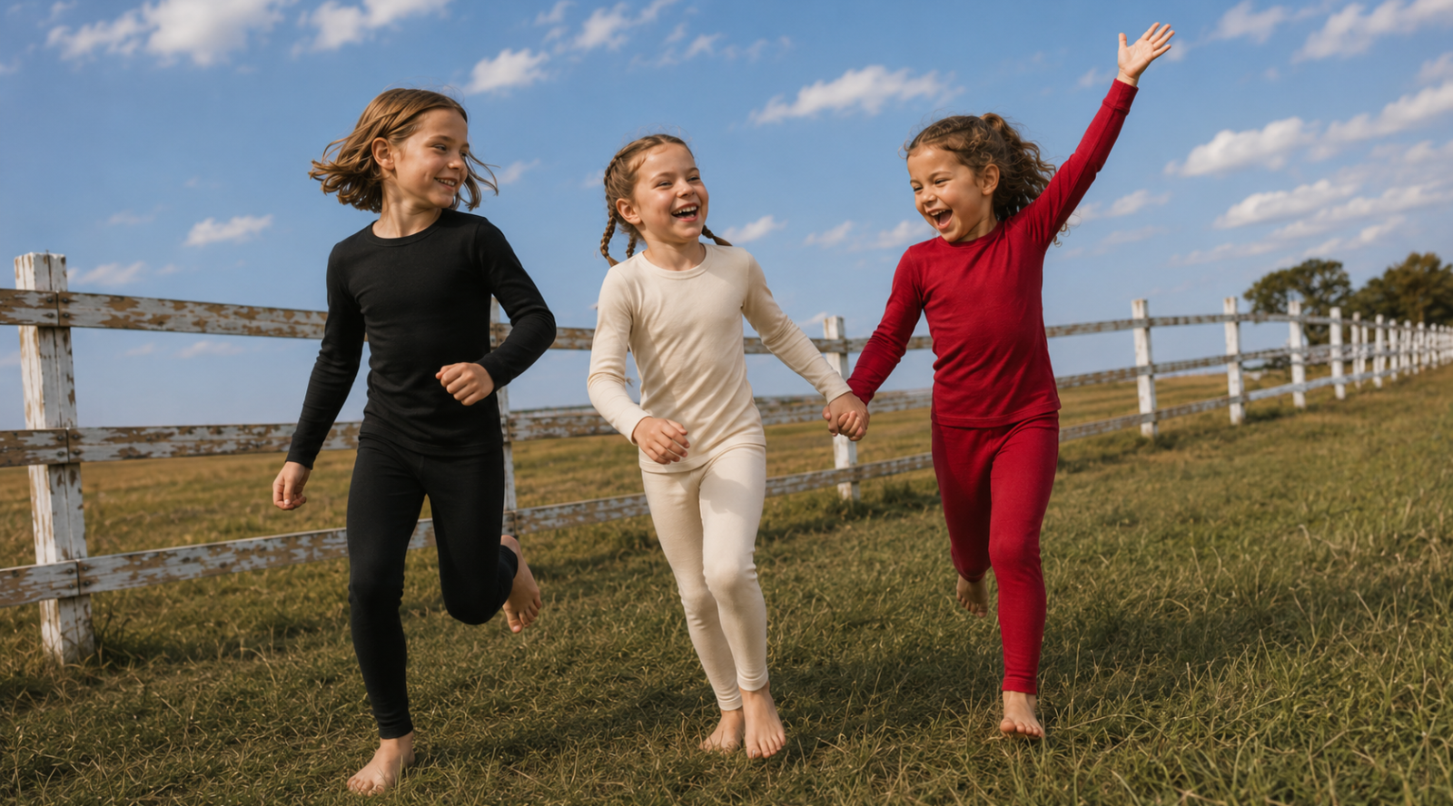 Three children running hand in hand across a grassy field under a blue sky, wearing matching long-sleeve pajama sets in black, cream, and red.