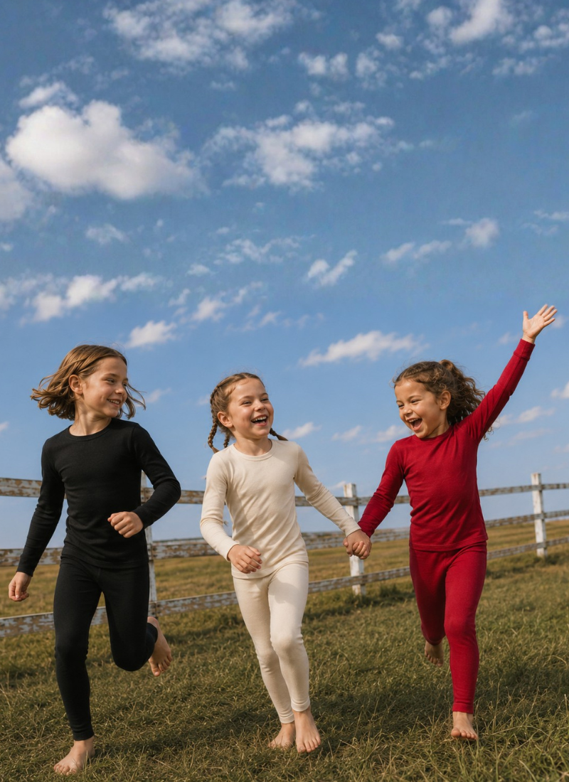 Three children running hand in hand across a grassy field under a blue sky with clouds, wearing matching long-sleeve pajama sets in black, cream, and red.