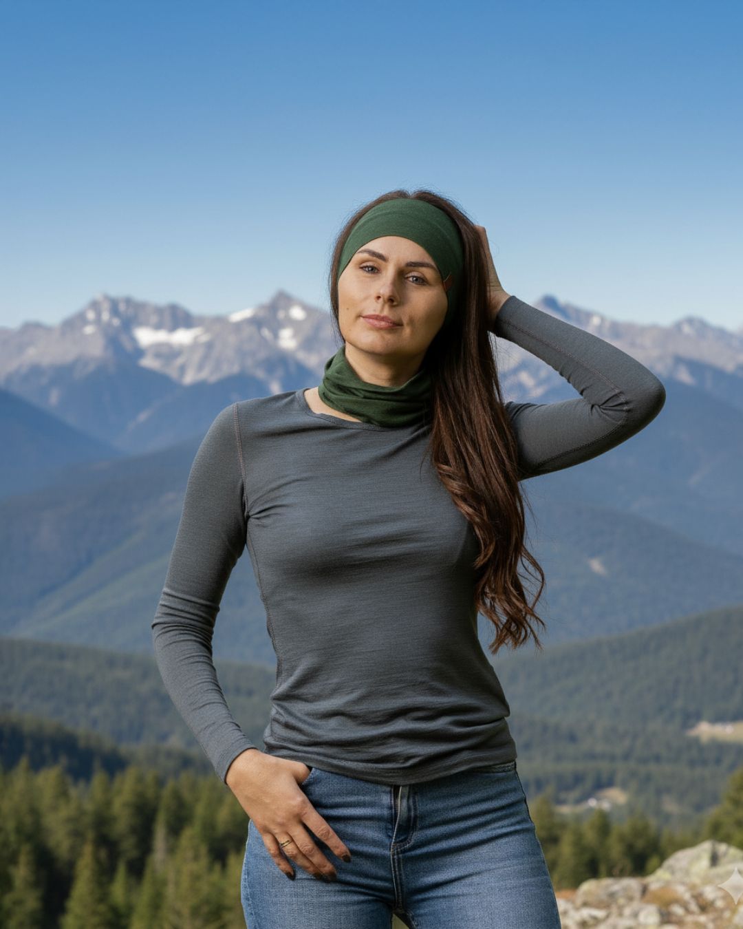 Woman wearing a green headband and gray long-sleeve shirt with mountains in the background