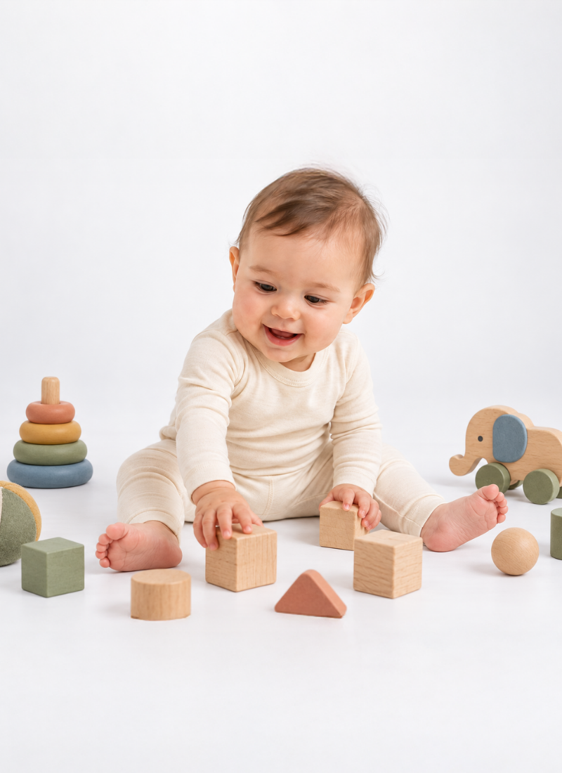 A smiling baby sits on a white surface playing with natural wooden blocks and colorful wooden toys. The infant is wearing a snug, cream-colored long-sleeved thermal top and matching leggings.